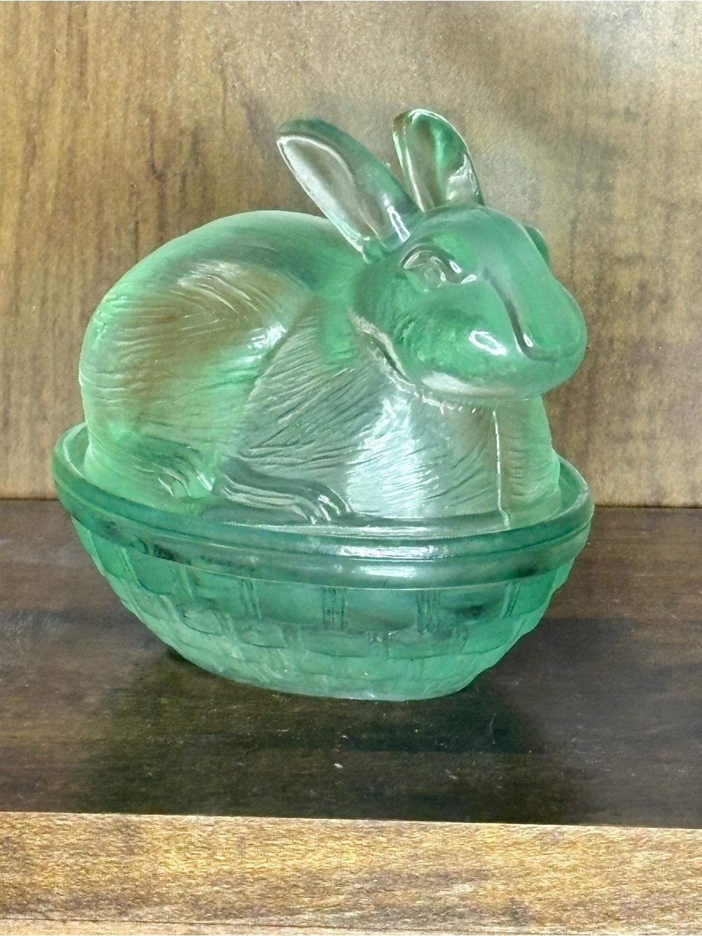 LE Smith Green Glass Bunny Candy Dish - Decorative Basket Lidded Accent